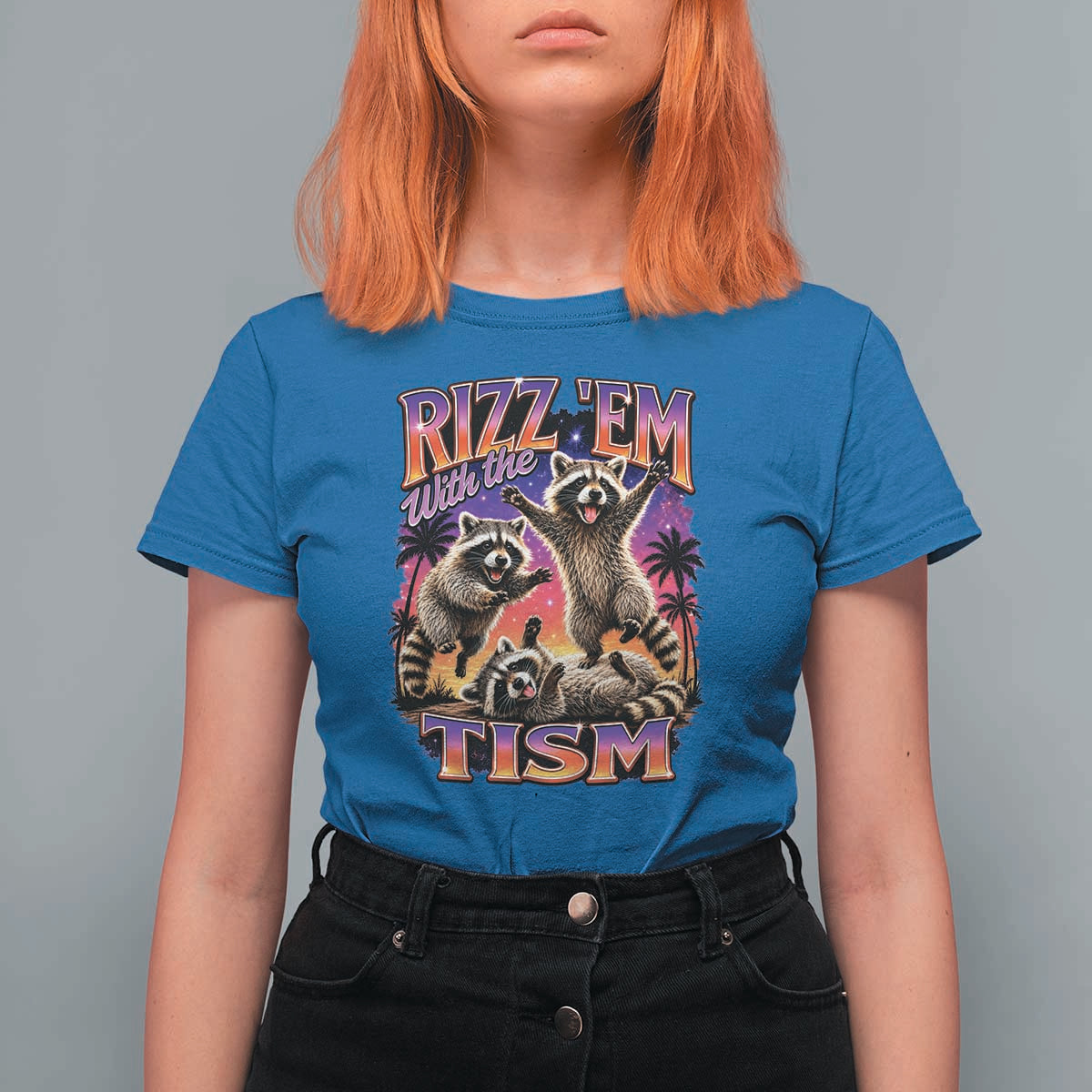 Rizz Em With The Tism Funny Raccoon T Shirt For Women Trash Panda Vintage Bootleg Graphic