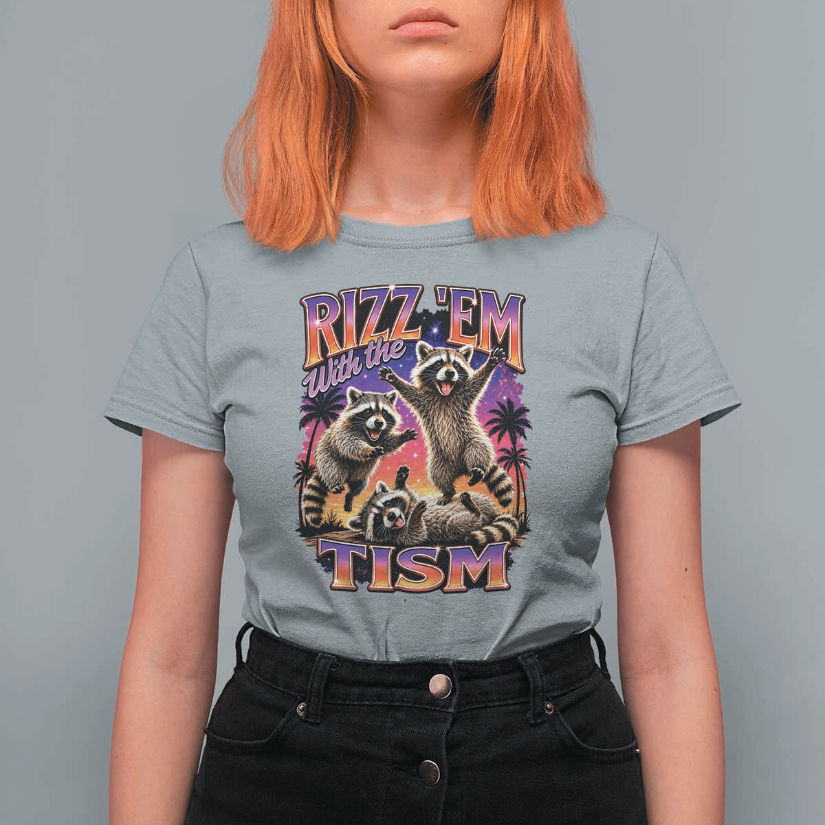 Rizz Em With The Tism Funny Raccoon T Shirt For Women Trash Panda Vintage Bootleg Graphic