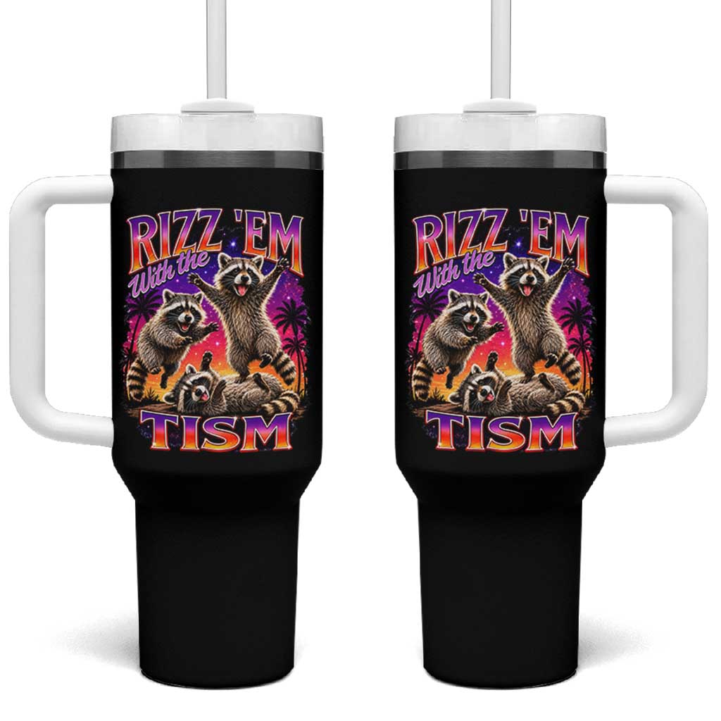 Rizz Em With The Tism Funny Raccoon Tumbler With Handle Trash Panda Vintage Bootleg Graphic