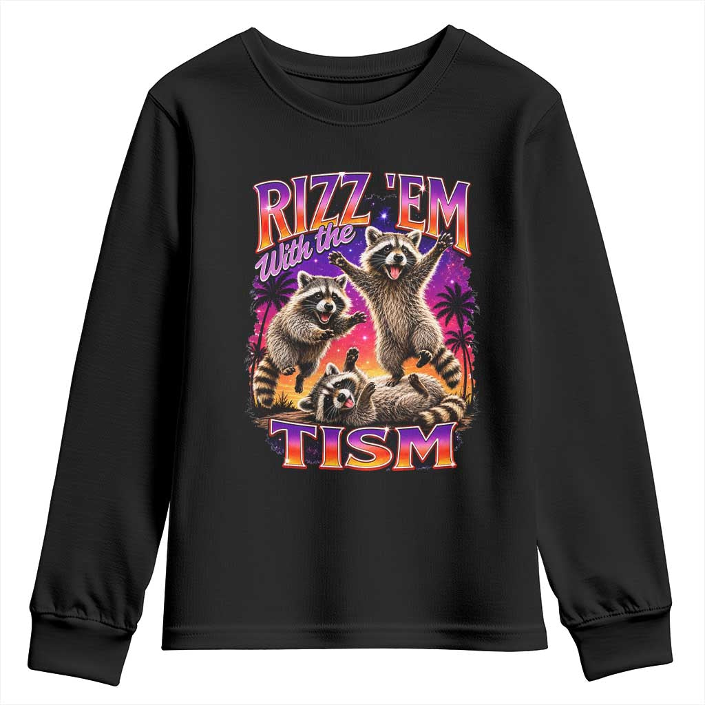 Rizz Em With The Tism Funny Raccoon Youth Sweatshirt Trash Panda Vintage Bootleg Graphic