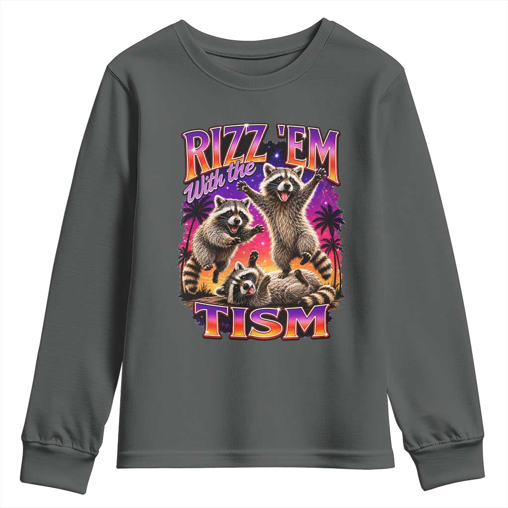 Rizz Em With The Tism Funny Raccoon Youth Sweatshirt Trash Panda Vintage Bootleg Graphic