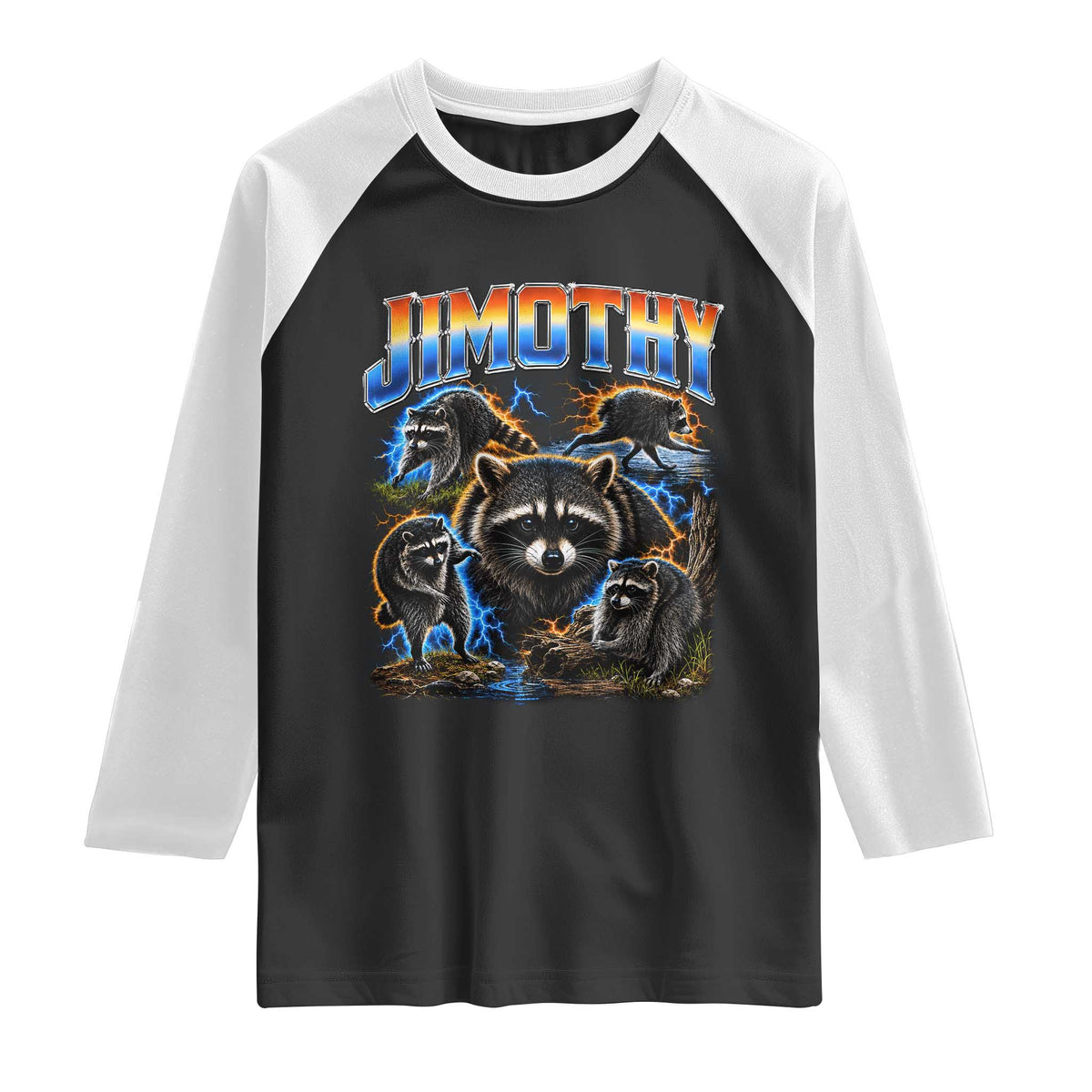 Jimothy the Raccoon Vintage 90s Bootleg Lightning Graphic Raglan Shirt Viral Seattle Trash Panda