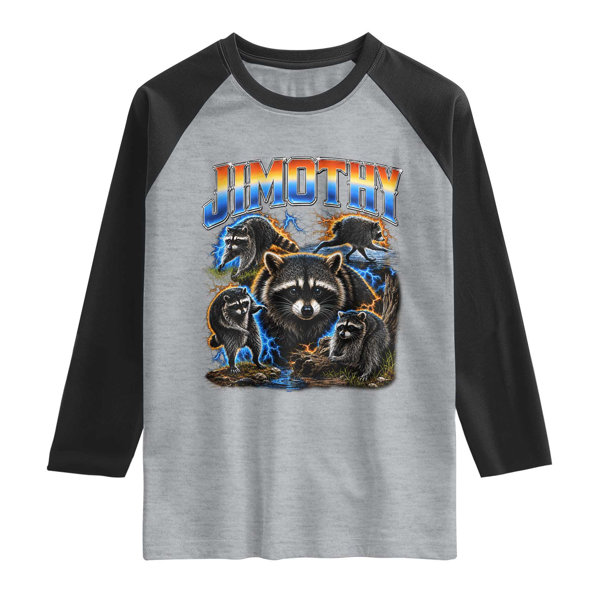 Jimothy the Raccoon Vintage 90s Bootleg Lightning Graphic Raglan Shirt Viral Seattle Trash Panda