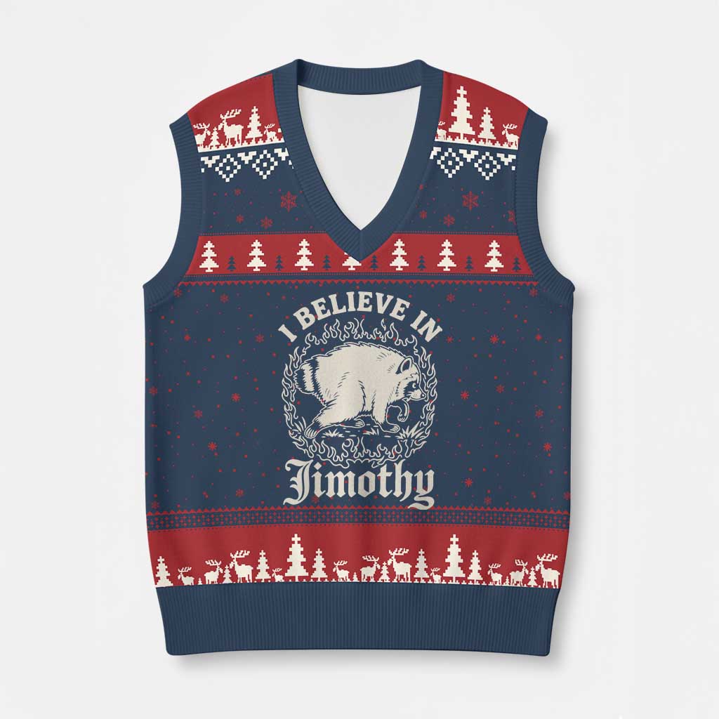 I Believe In Jimothy the Seattle Raccoon V-Neck Knit Sweater Vest Flaming Circle Vintage Feral Legend Trash Panda Supporter