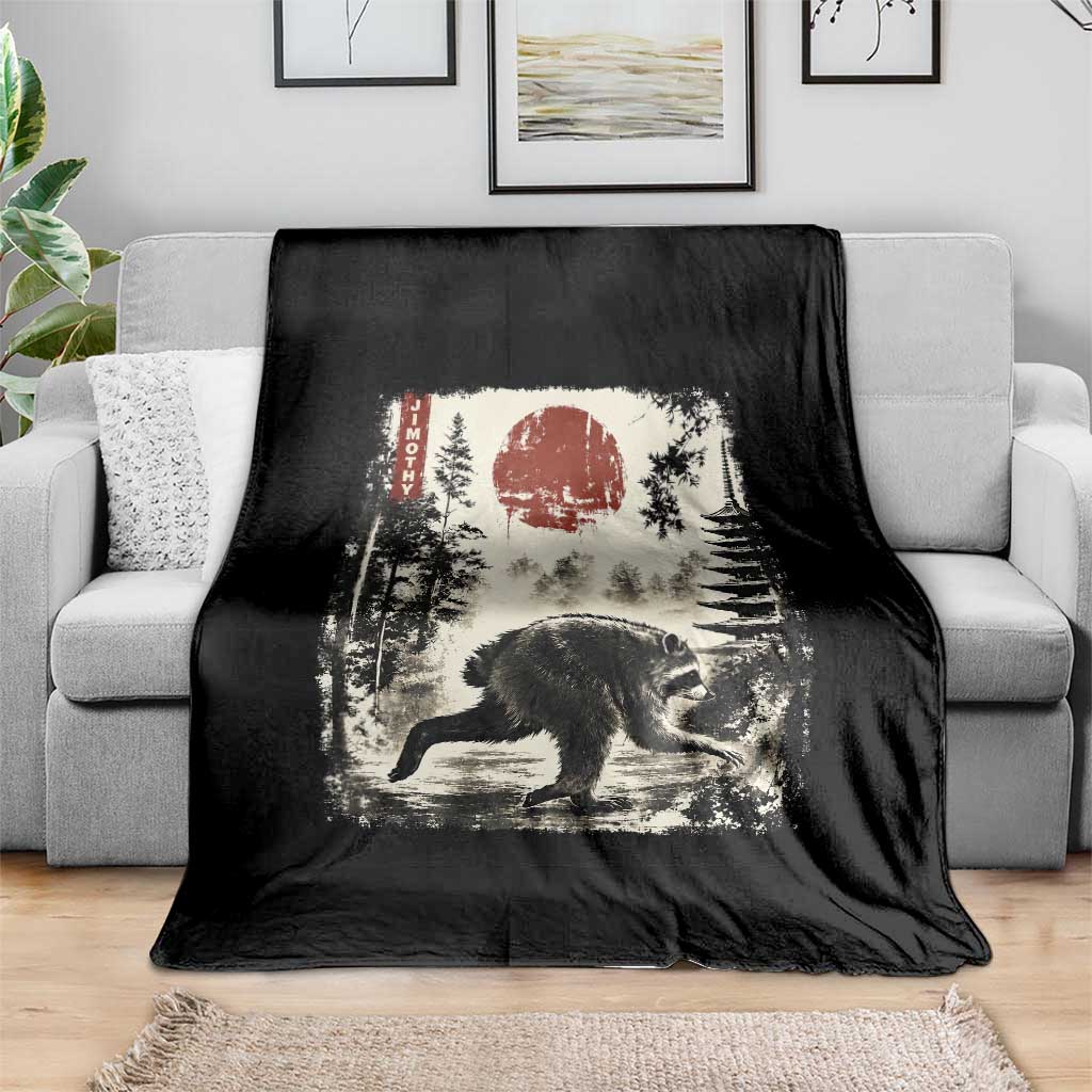 Jimothy the Raccoon Japanese Ukiyo-e Style Vintage Graphic Throw Blanket Viral Seattle Trash Panda Feral Legend Supporter