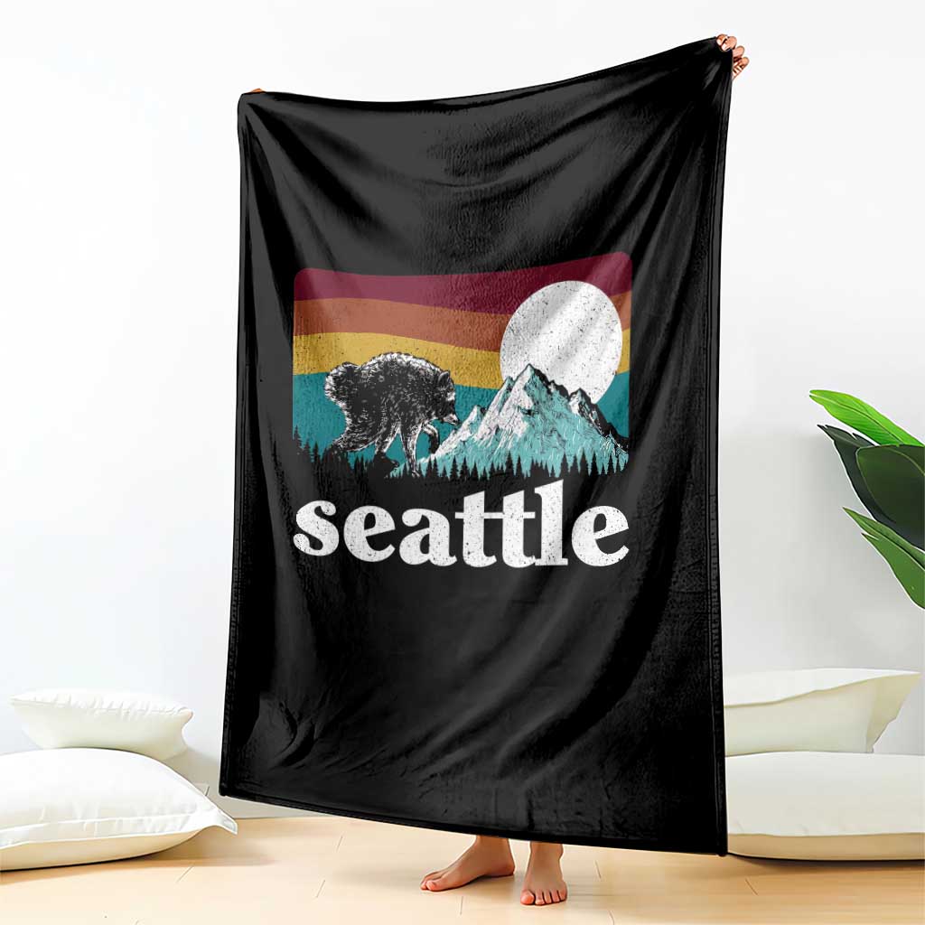 Seattle WA Mountains Jimothy the Raccoon Graphic Throw Blanket Retro Vintage Sunset Viral Trash Panda Feral Legend