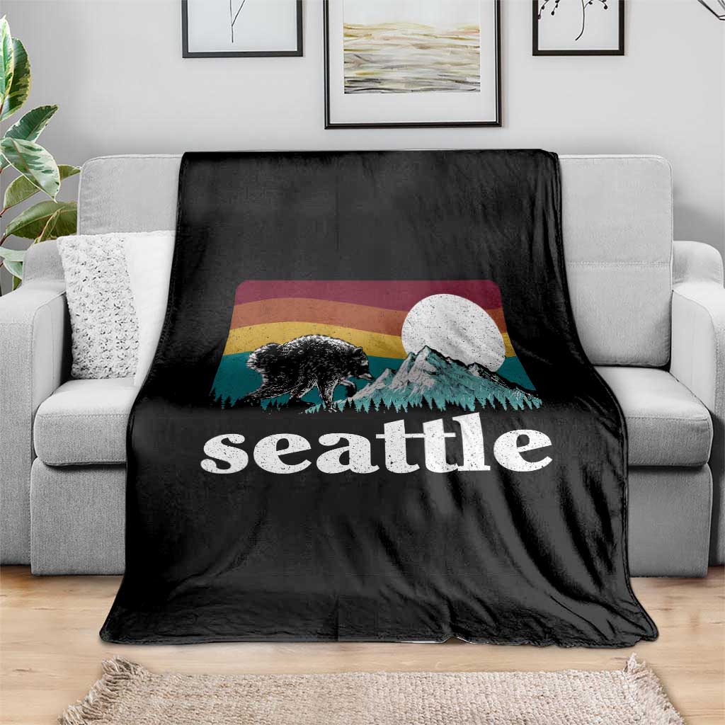 Seattle WA Mountains Jimothy the Raccoon Graphic Throw Blanket Retro Vintage Sunset Viral Trash Panda Feral Legend