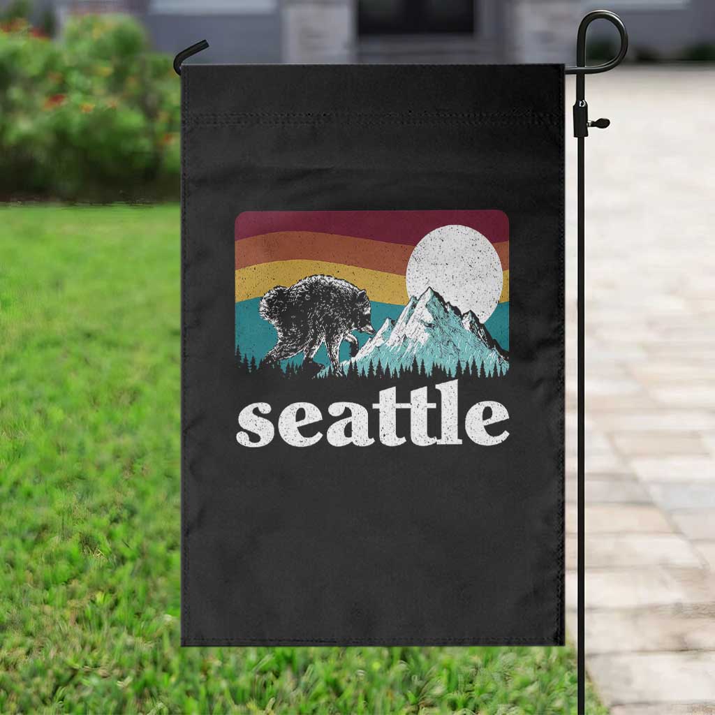 Seattle WA Mountains Jimothy the Raccoon Graphic Garden Flag Retro Vintage Sunset Viral Trash Panda Feral Legend