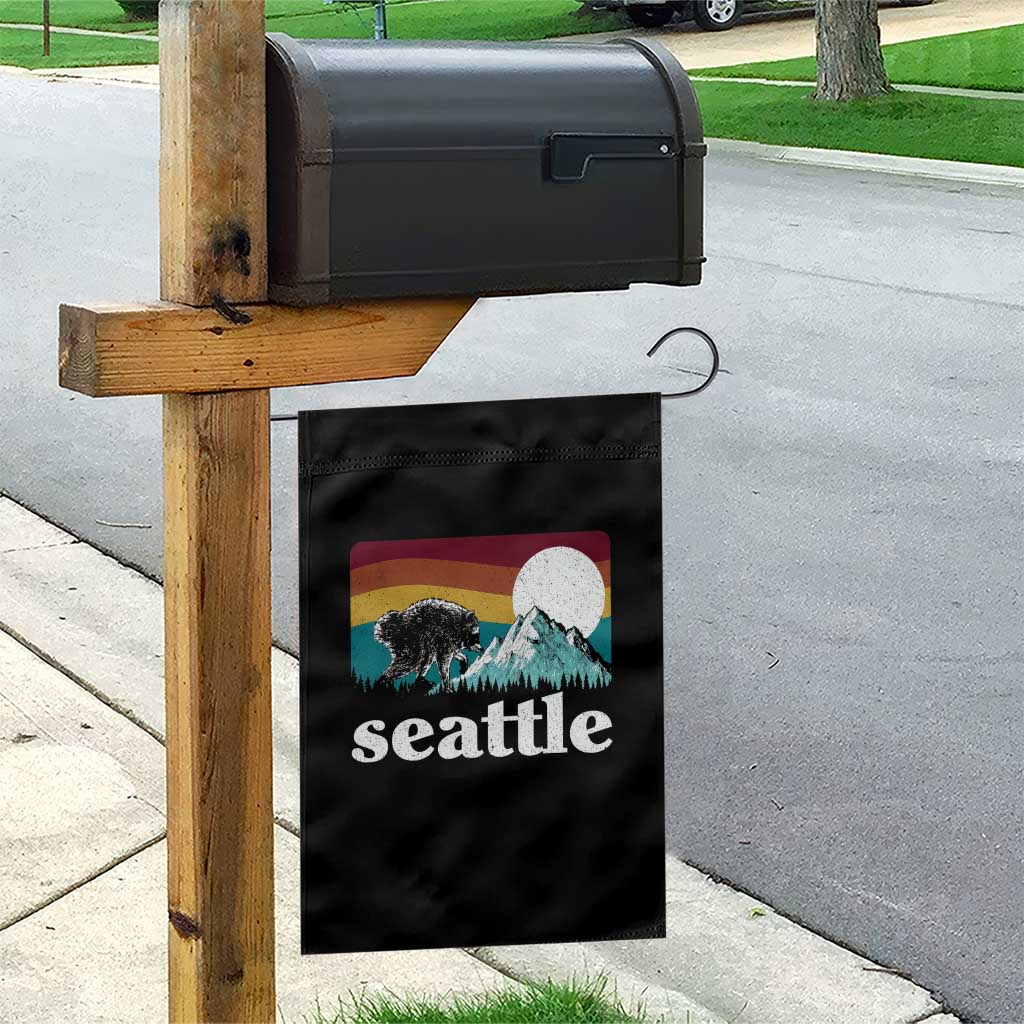 Seattle WA Mountains Jimothy the Raccoon Graphic Garden Flag Retro Vintage Sunset Viral Trash Panda Feral Legend