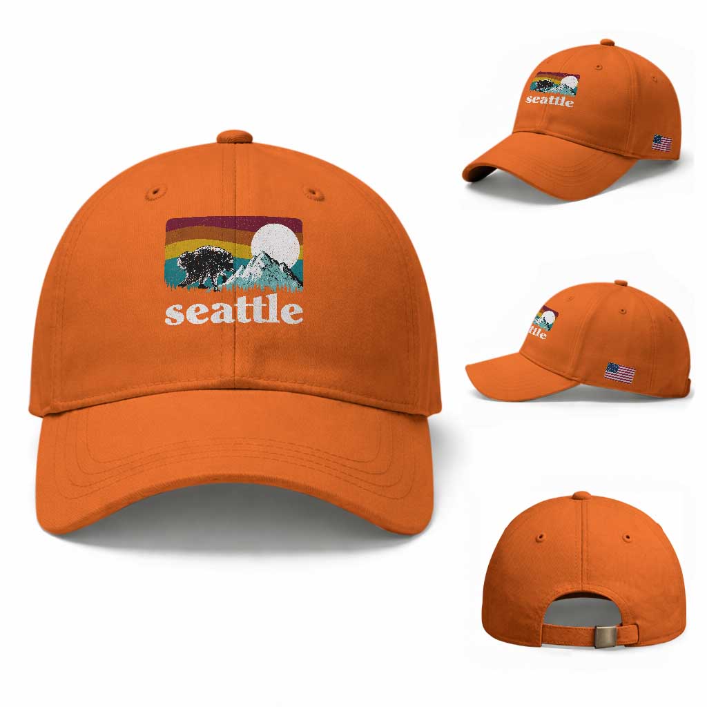 Seattle WA Mountains Jimothy the Raccoon Graphic Baseball Cap Retro Vintage Sunset Viral Trash Panda Feral Legend