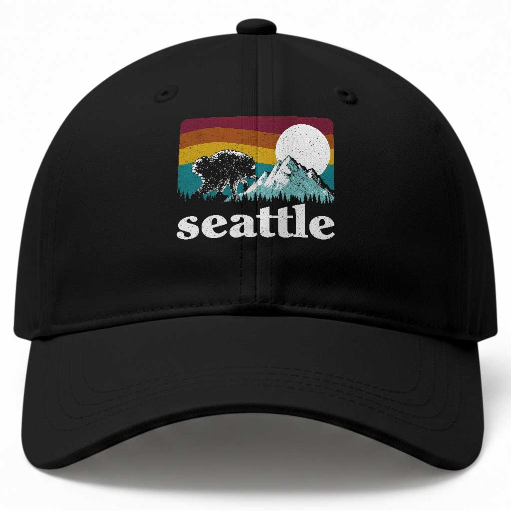 Seattle WA Mountains Jimothy the Raccoon Graphic Baseball Cap Retro Vintage Sunset Viral Trash Panda Feral Legend