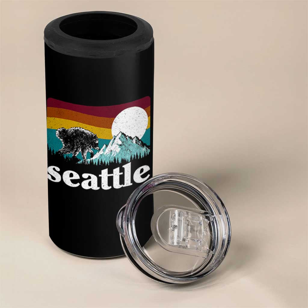 Seattle WA Mountains Jimothy the Raccoon Graphic 4 in 1 Can Cooler Tumbler Retro Vintage Sunset Viral Trash Panda Feral Legend