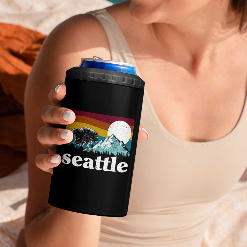 Seattle WA Mountains Jimothy the Raccoon Graphic 4 in 1 Can Cooler Tumbler Retro Vintage Sunset Viral Trash Panda Feral Legend