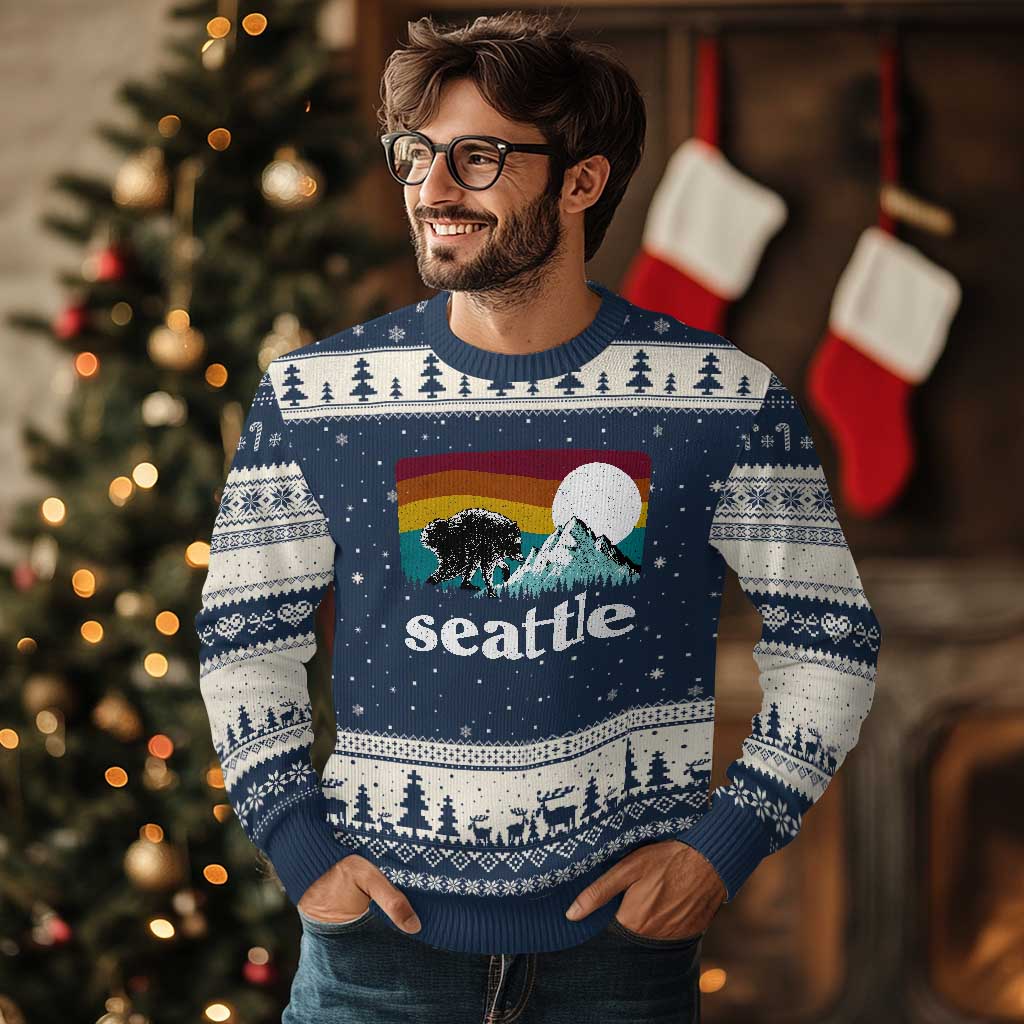 Seattle WA Mountains Jimothy the Raccoon Graphic Ugly Christmas Sweater Retro Vintage Sunset Viral Trash Panda Feral Legend
