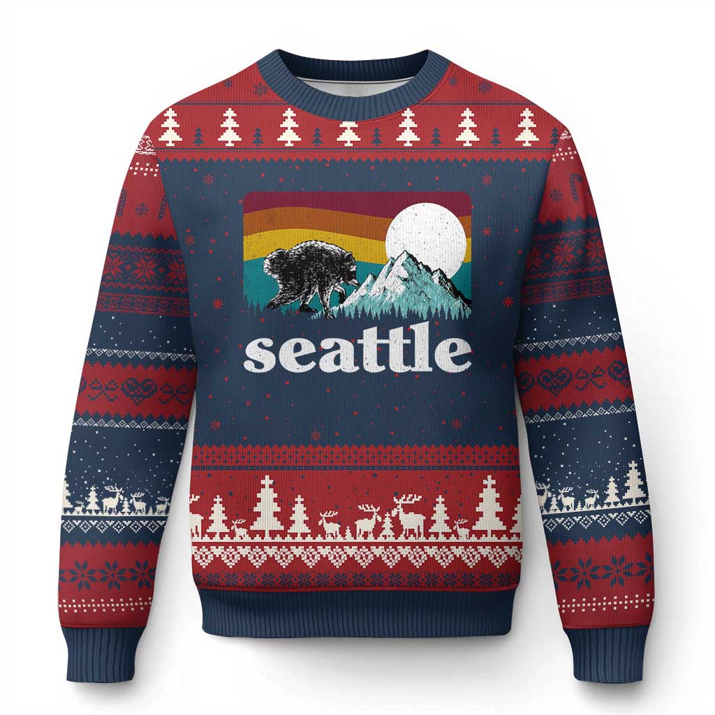 Seattle WA Mountains Jimothy the Raccoon Graphic Ugly Christmas Sweater Retro Vintage Sunset Viral Trash Panda Feral Legend