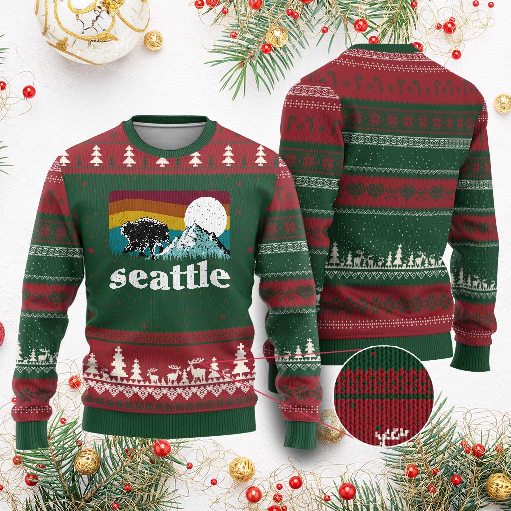 Seattle WA Mountains Jimothy the Raccoon Graphic Ugly Christmas Sweater Retro Vintage Sunset Viral Trash Panda Feral Legend