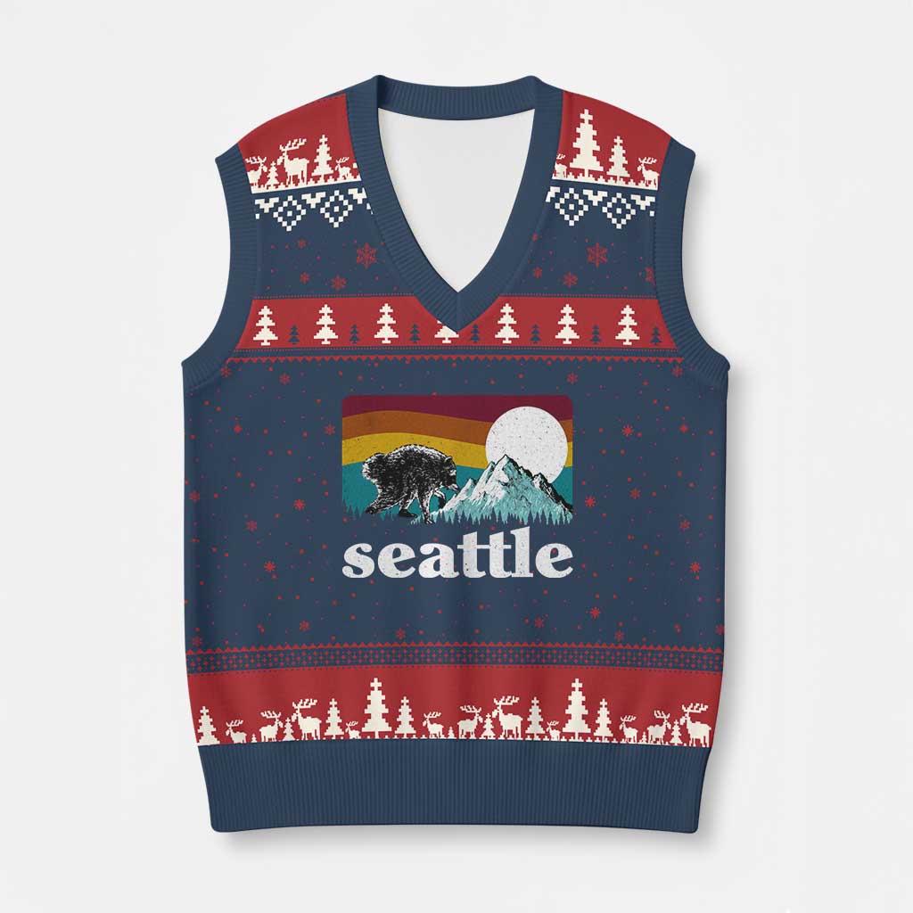 Seattle WA Mountains Jimothy the Raccoon Graphic V-Neck Knit Sweater Vest Retro Vintage Sunset Viral Trash Panda Feral Legend