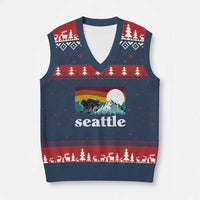 Seattle WA Mountains Jimothy the Raccoon Graphic V-Neck Knit Sweater Vest Retro Vintage Sunset Viral Trash Panda Feral Legend