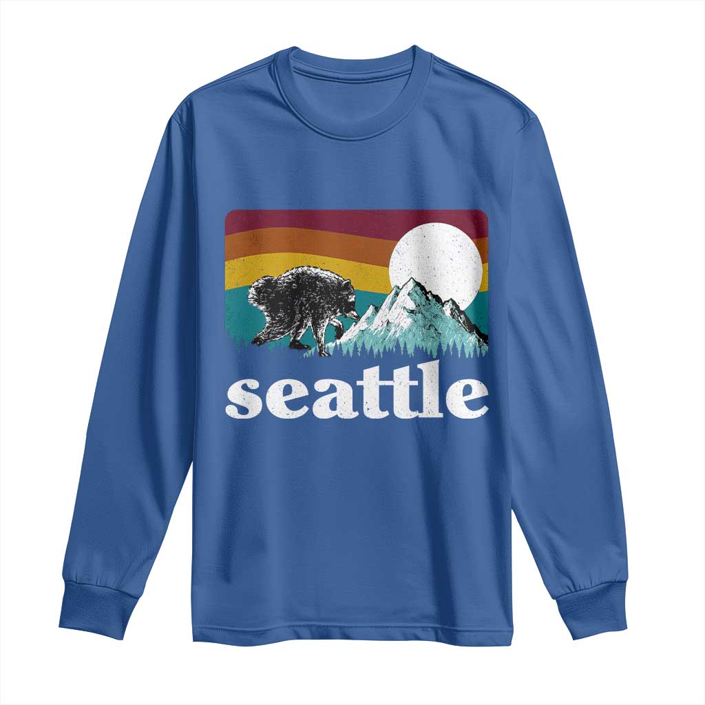 Seattle WA Mountains Jimothy the Raccoon Graphic Long Sleeve Shirt Retro Vintage Sunset Viral Trash Panda Feral Legend