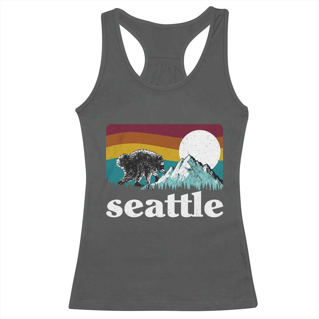 Seattle WA Mountains Jimothy the Raccoon Graphic Racerback Tank Top Retro Vintage Sunset Viral Trash Panda Feral Legend