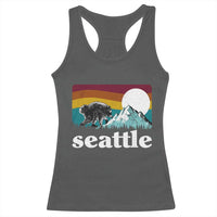 Seattle WA Mountains Jimothy the Raccoon Graphic Racerback Tank Top Retro Vintage Sunset Viral Trash Panda Feral Legend