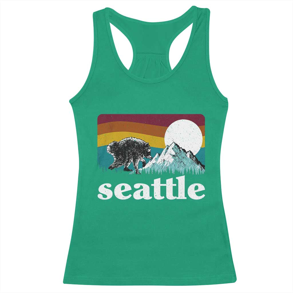 Seattle WA Mountains Jimothy the Raccoon Graphic Racerback Tank Top Retro Vintage Sunset Viral Trash Panda Feral Legend