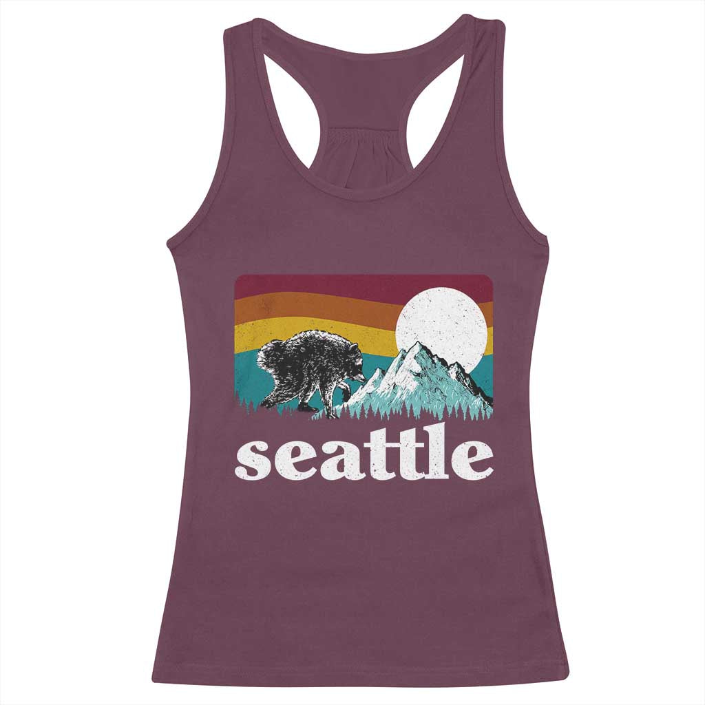 Seattle WA Mountains Jimothy the Raccoon Graphic Racerback Tank Top Retro Vintage Sunset Viral Trash Panda Feral Legend