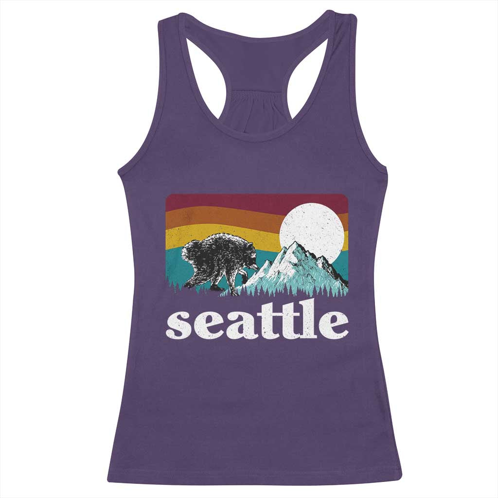 Seattle WA Mountains Jimothy the Raccoon Graphic Racerback Tank Top Retro Vintage Sunset Viral Trash Panda Feral Legend