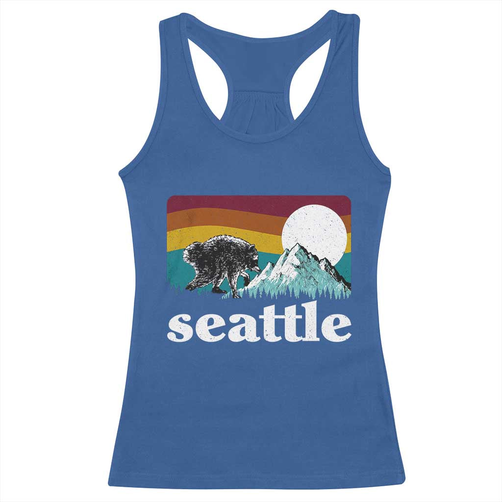 Seattle WA Mountains Jimothy the Raccoon Graphic Racerback Tank Top Retro Vintage Sunset Viral Trash Panda Feral Legend