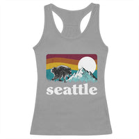 Seattle WA Mountains Jimothy the Raccoon Graphic Racerback Tank Top Retro Vintage Sunset Viral Trash Panda Feral Legend