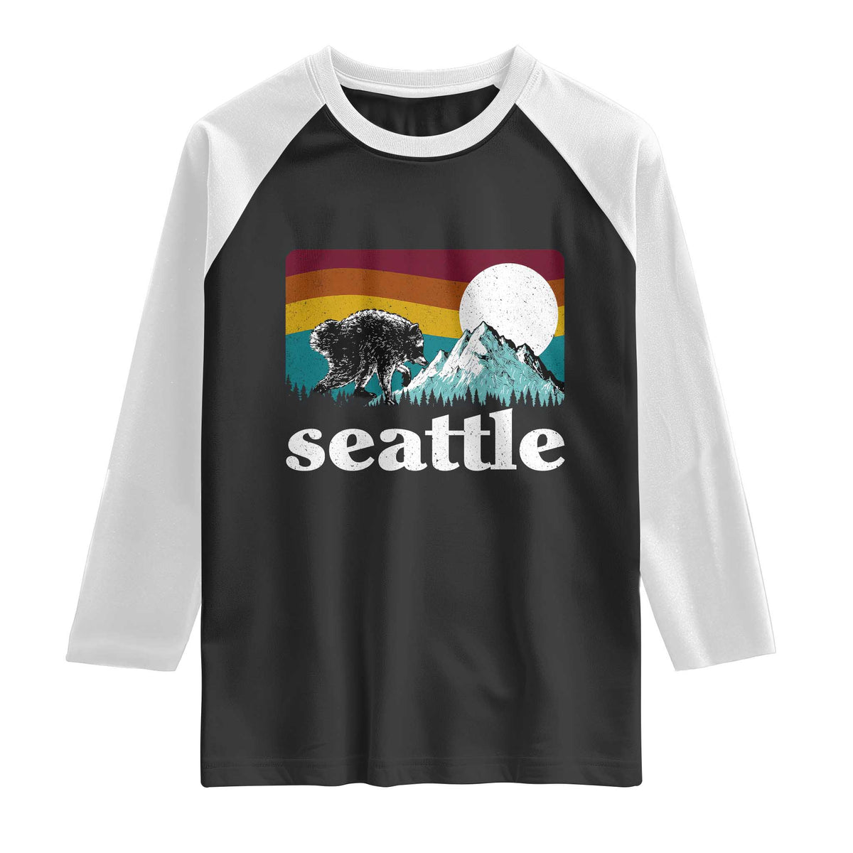 Seattle WA Mountains Jimothy the Raccoon Graphic Raglan Shirt Retro Vintage Sunset Viral Trash Panda Feral Legend