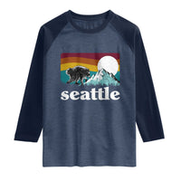 Seattle WA Mountains Jimothy the Raccoon Graphic Raglan Shirt Retro Vintage Sunset Viral Trash Panda Feral Legend