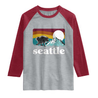Seattle WA Mountains Jimothy the Raccoon Graphic Raglan Shirt Retro Vintage Sunset Viral Trash Panda Feral Legend