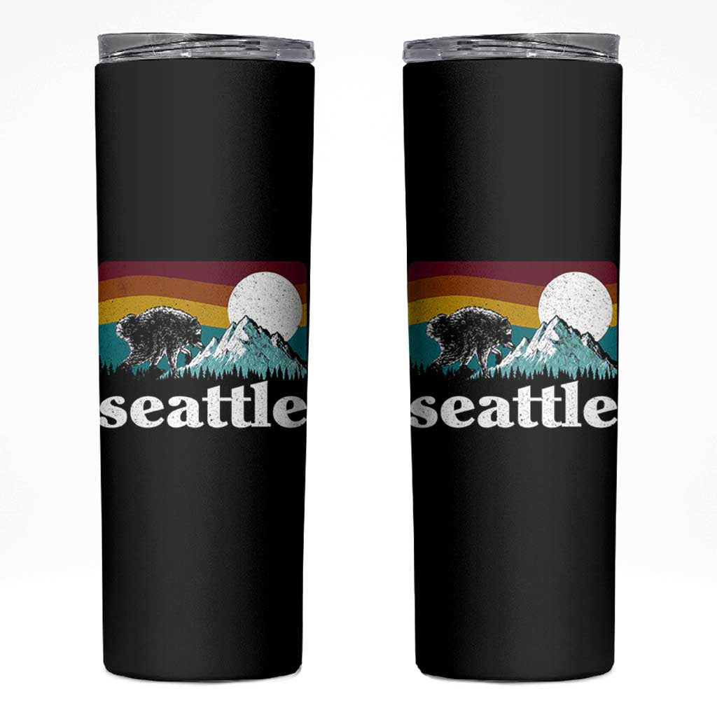 Seattle WA Mountains Jimothy the Raccoon Graphic Skinny Tumbler Retro Vintage Sunset Viral Trash Panda Feral Legend