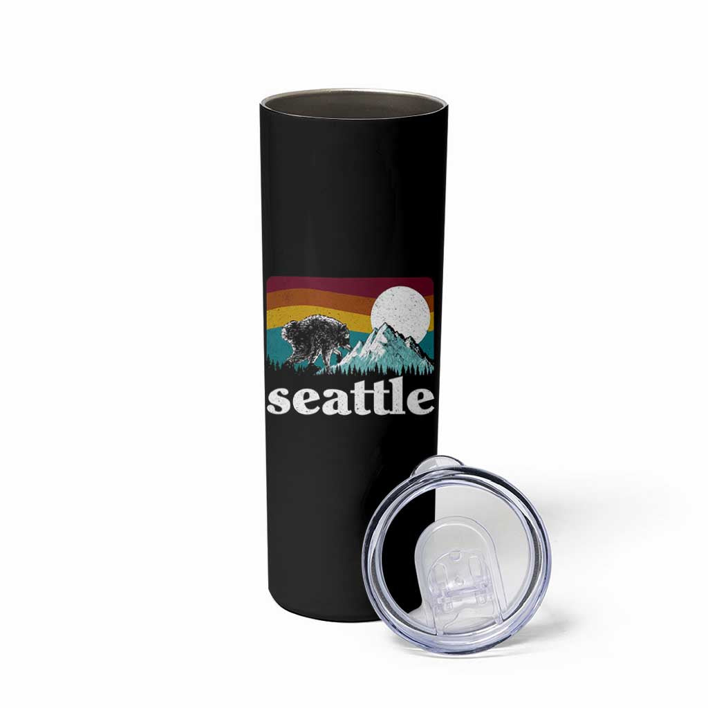 Seattle WA Mountains Jimothy the Raccoon Graphic Skinny Tumbler Retro Vintage Sunset Viral Trash Panda Feral Legend