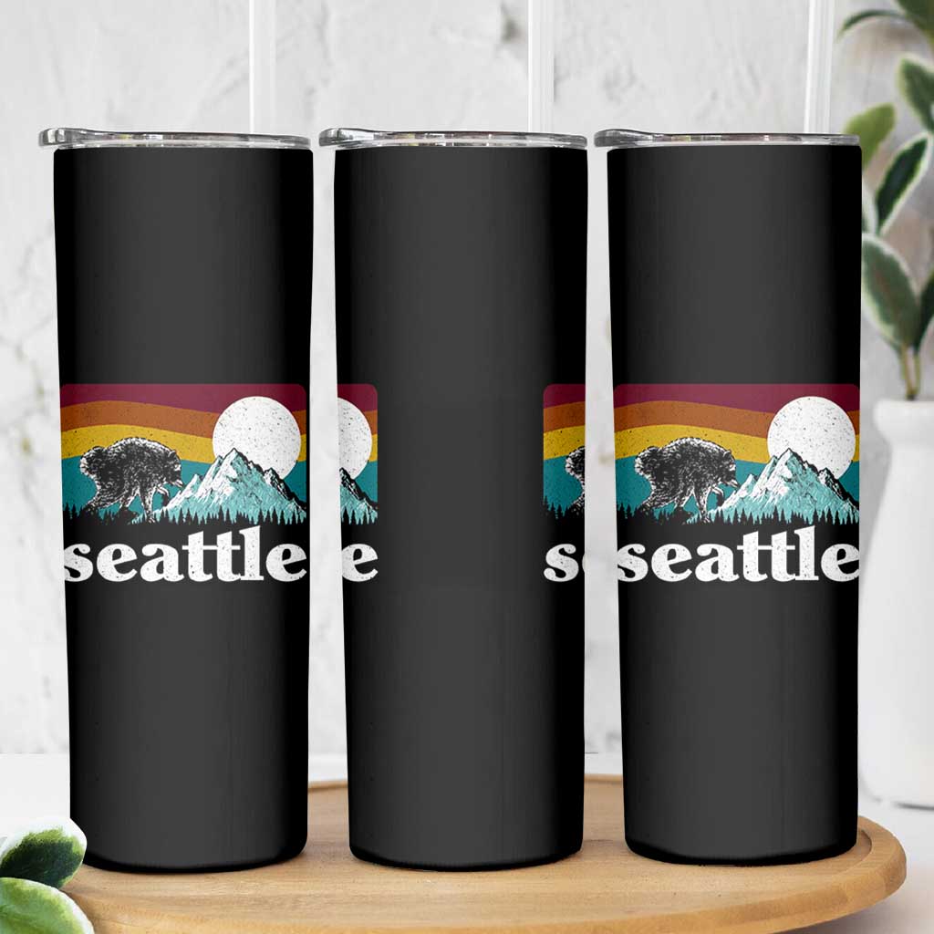 Seattle WA Mountains Jimothy the Raccoon Graphic Skinny Tumbler Retro Vintage Sunset Viral Trash Panda Feral Legend