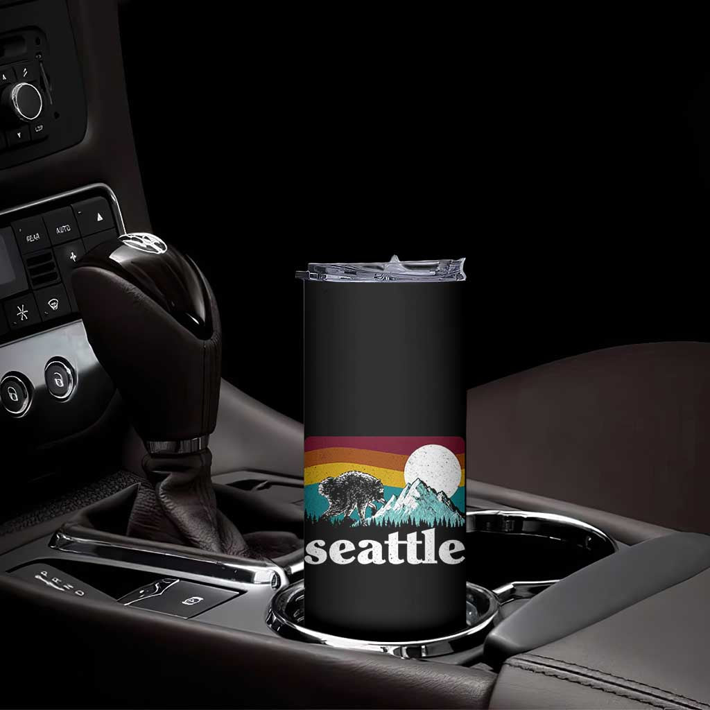 Seattle WA Mountains Jimothy the Raccoon Graphic Skinny Tumbler Retro Vintage Sunset Viral Trash Panda Feral Legend