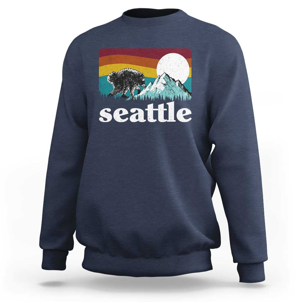 Seattle WA Mountains Jimothy the Raccoon Graphic Sweatshirt Retro Vintage Sunset Viral Trash Panda Feral Legend