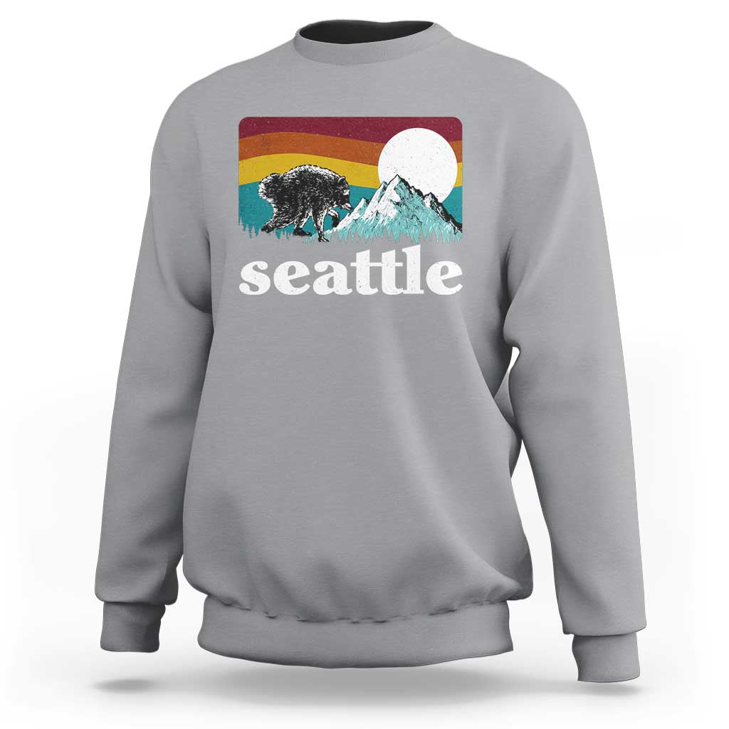 Seattle WA Mountains Jimothy the Raccoon Graphic Sweatshirt Retro Vintage Sunset Viral Trash Panda Feral Legend