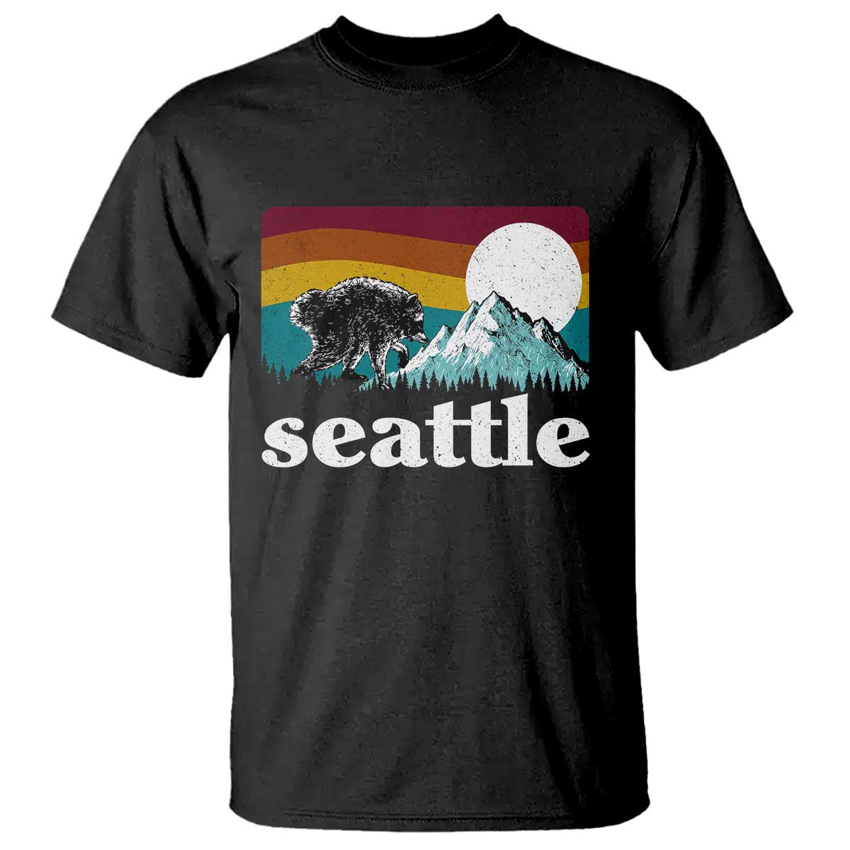 Seattle WA Mountains Jimothy the Raccoon Graphic T Shirt Retro Vintage Sunset Viral Trash Panda Feral Legend