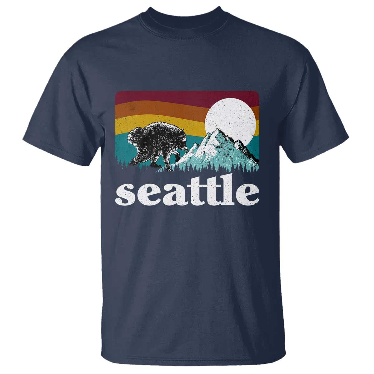 Seattle WA Mountains Jimothy the Raccoon Graphic T Shirt Retro Vintage Sunset Viral Trash Panda Feral Legend
