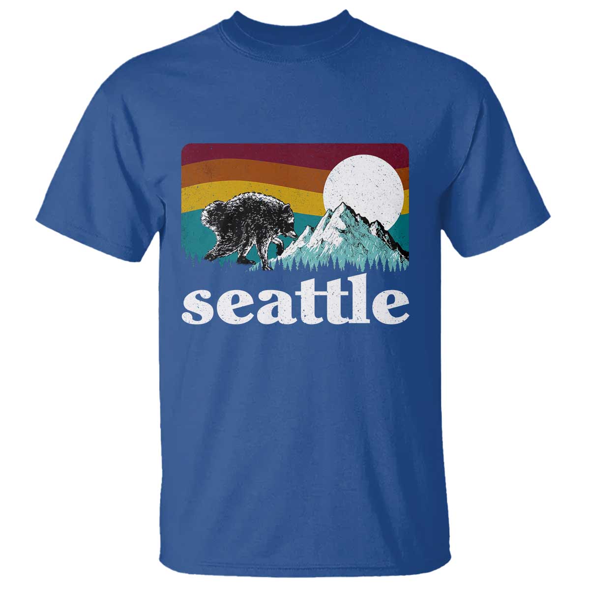 Seattle WA Mountains Jimothy the Raccoon Graphic T Shirt Retro Vintage Sunset Viral Trash Panda Feral Legend