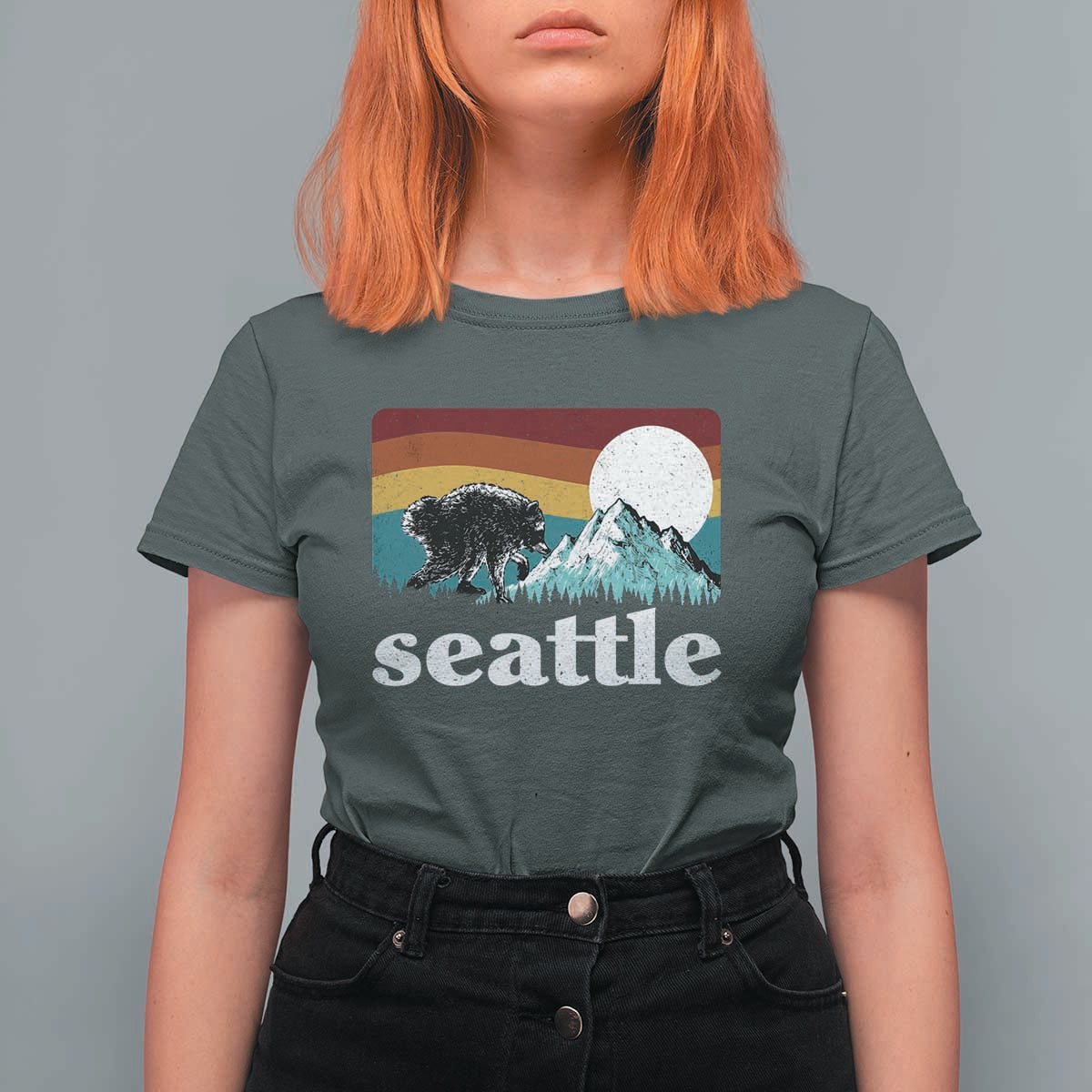Seattle WA Mountains Jimothy the Raccoon Graphic T Shirt For Women Retro Vintage Sunset Viral Trash Panda Feral Legend