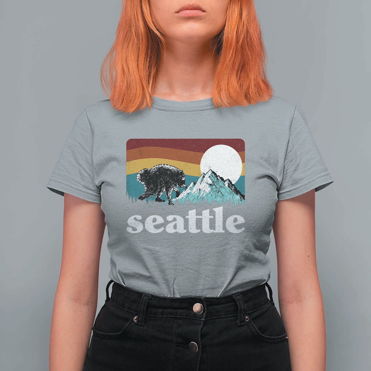Seattle WA Mountains Jimothy the Raccoon Graphic T Shirt For Women Retro Vintage Sunset Viral Trash Panda Feral Legend