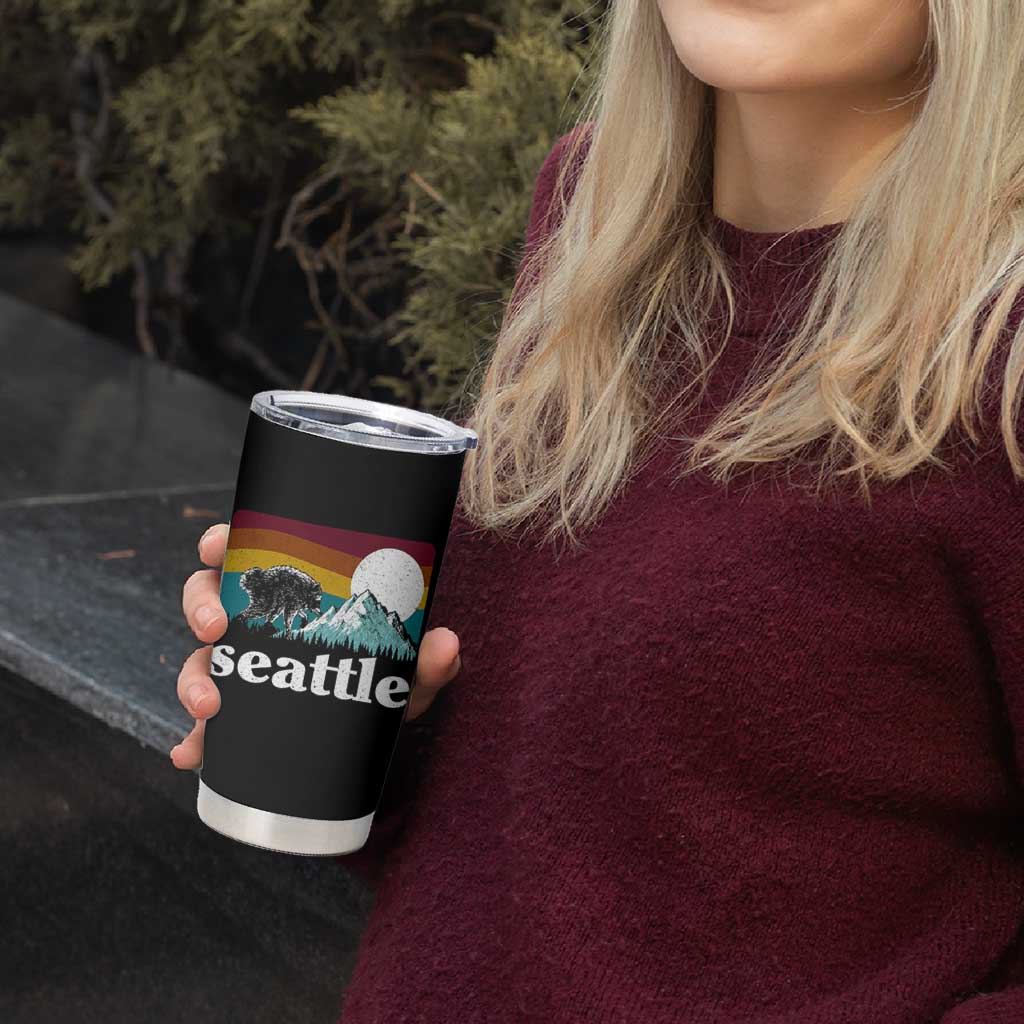 Seattle WA Mountains Jimothy the Raccoon Graphic Tumbler Cup Retro Vintage Sunset Viral Trash Panda Feral Legend
