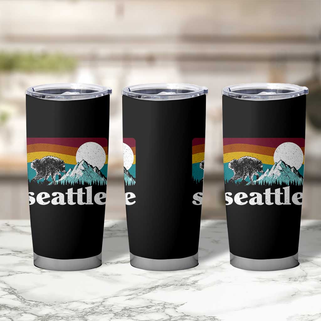 Seattle WA Mountains Jimothy the Raccoon Graphic Tumbler Cup Retro Vintage Sunset Viral Trash Panda Feral Legend