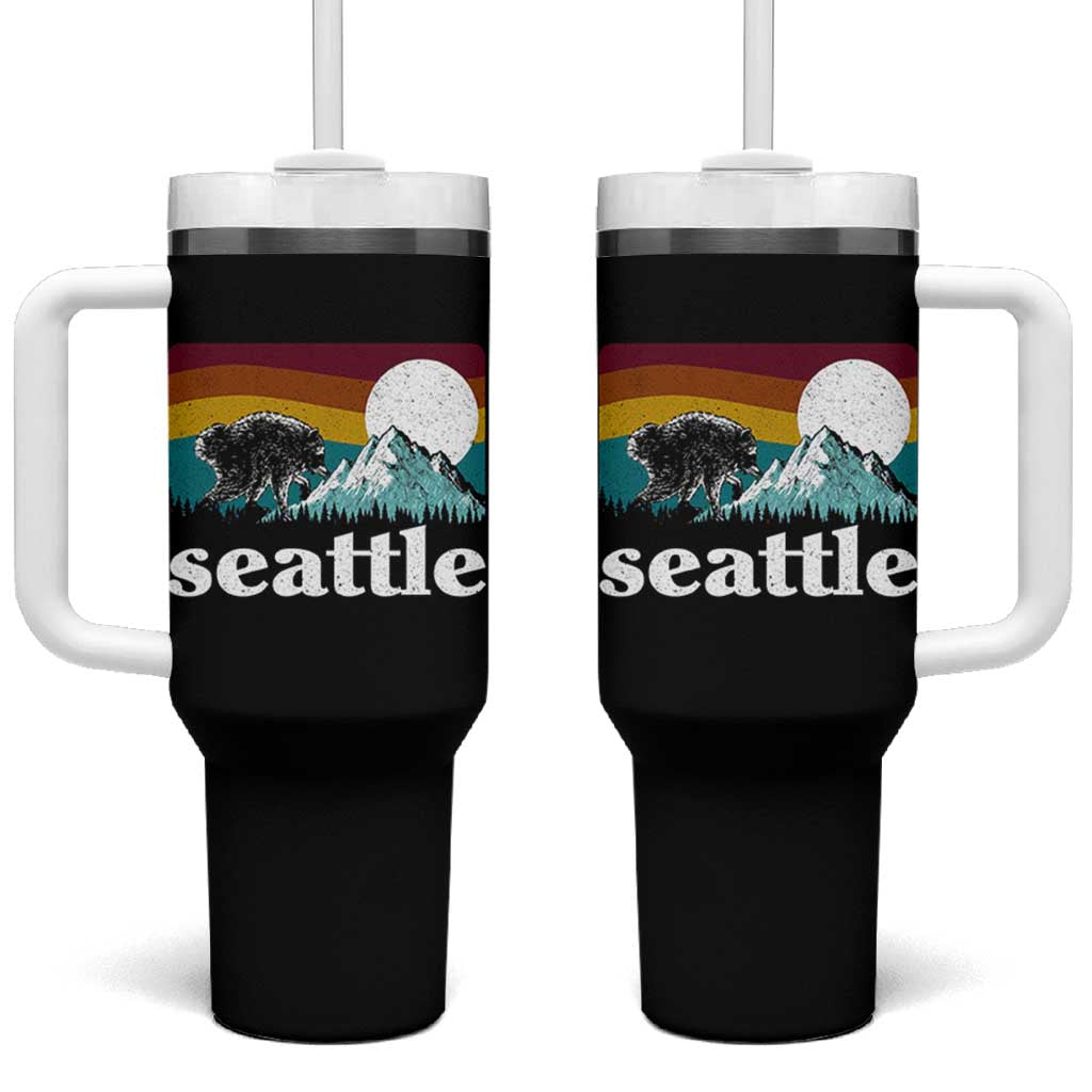 Seattle WA Mountains Jimothy the Raccoon Graphic Tumbler With Handle Retro Vintage Sunset Viral Trash Panda Feral Legend