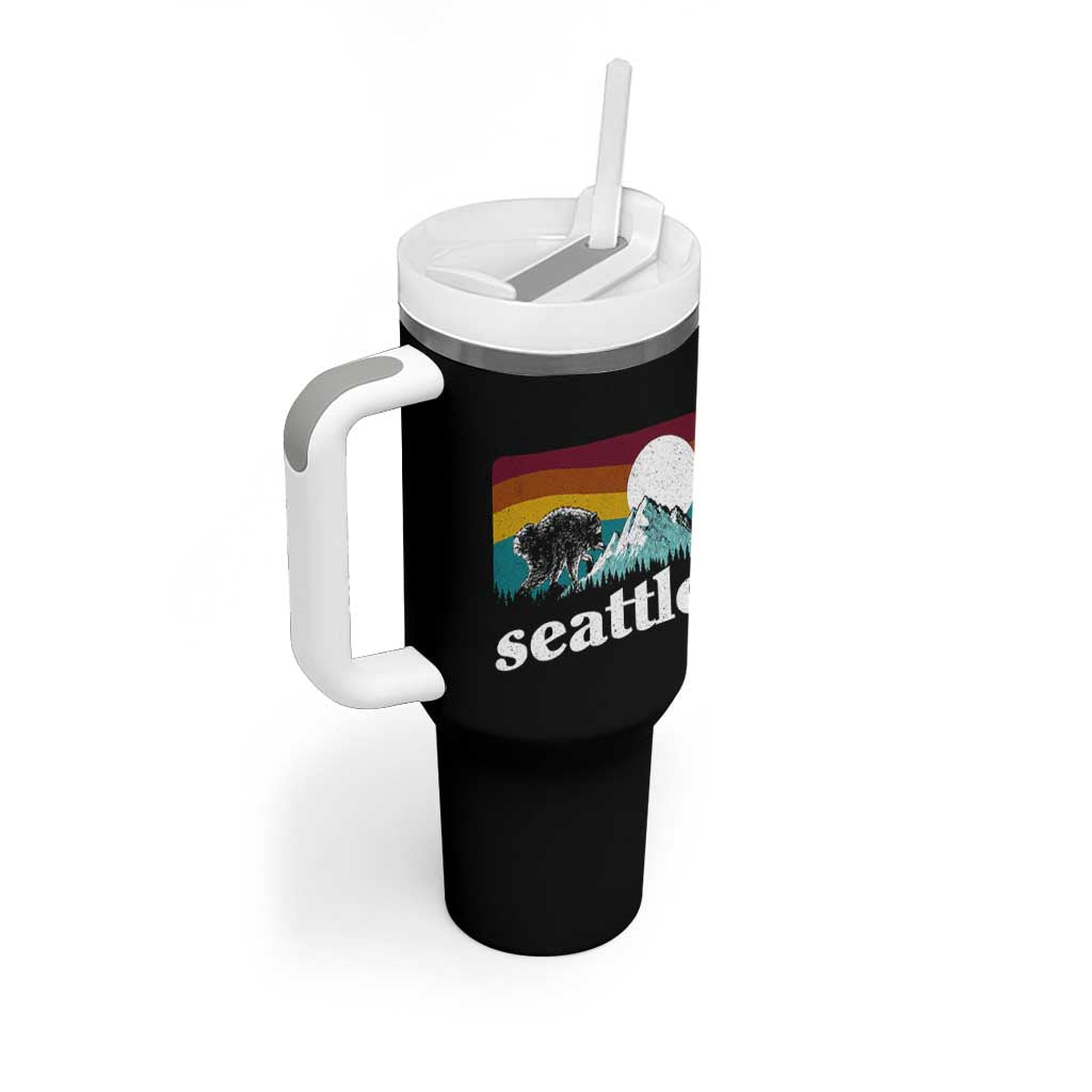 Seattle WA Mountains Jimothy the Raccoon Graphic Tumbler With Handle Retro Vintage Sunset Viral Trash Panda Feral Legend