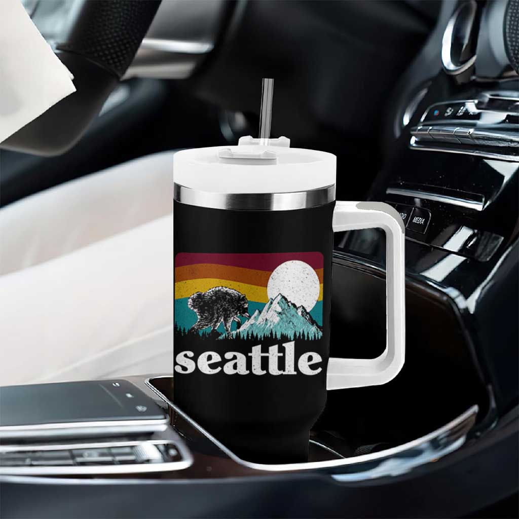 Seattle WA Mountains Jimothy the Raccoon Graphic Tumbler With Handle Retro Vintage Sunset Viral Trash Panda Feral Legend