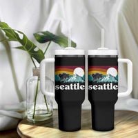 Seattle WA Mountains Jimothy the Raccoon Graphic Tumbler With Handle Retro Vintage Sunset Viral Trash Panda Feral Legend